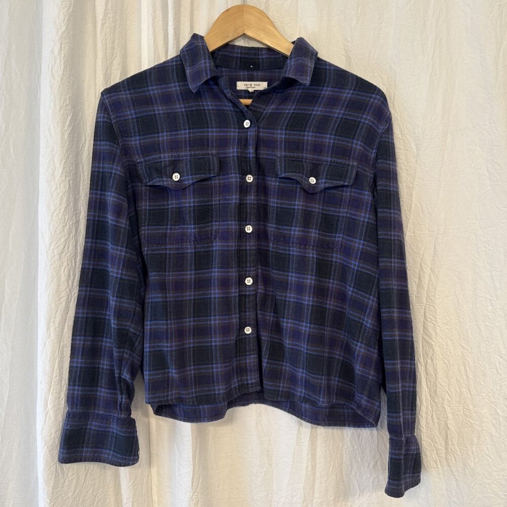 rag & bone Navy and Black Plaid Long-Sleeve Button Shirt with Subtle Purple